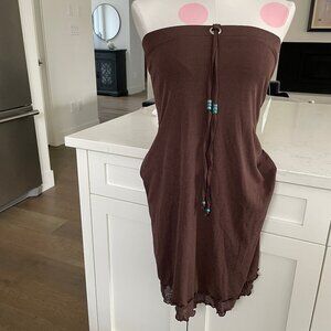 RAPZ Strapless Polyester Cover Up w Bead Detail & Lettuce Frill Hem Brn Blu Sz S